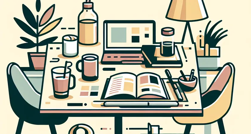 Une table avec des boissons, des fiches et un ordinateur portable lors d’une pause détendue
