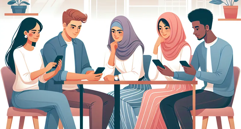 Un groupe de jeunes discutant devant leurs téléphones dans un café