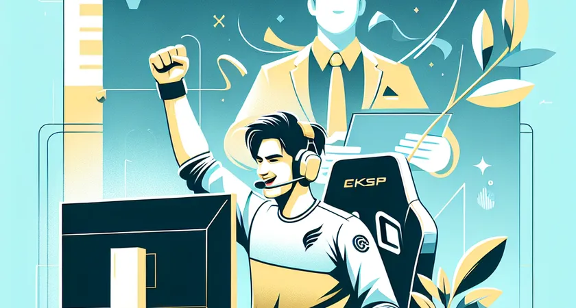 Un joueur d'esport levant le poing en signe de victoire devant un écran