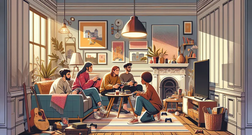 A group of friends playing video games in a cozy living room
