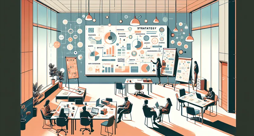 A modern office whiteboard filled with handwritten strategy notes