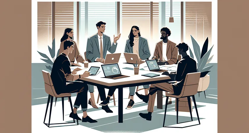 A meeting room with five people discussing over laptops