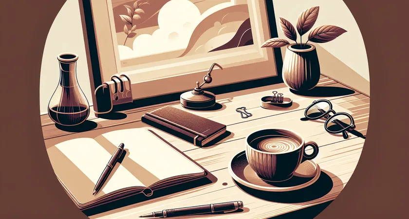 A notebook and coffee cup on a wooden desk