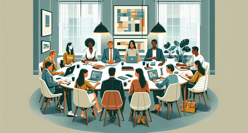 People sitting at a conference table with notebooks and laptops