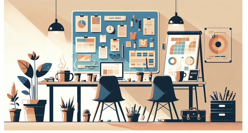 Casual workspace setting, with coffee mugs and a whiteboard in the background