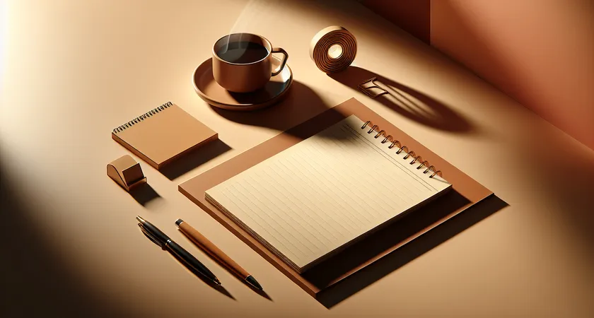 A tabletop with a notepad and a coffee mug