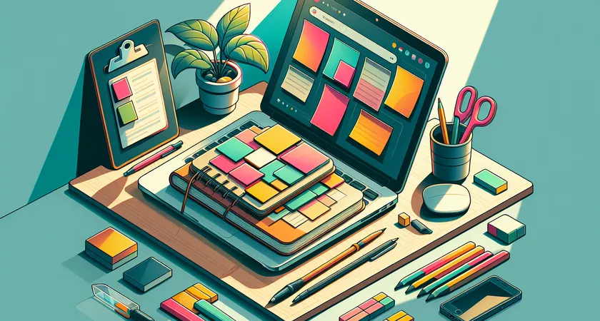 A modern workspace with post-it notes and a laptop