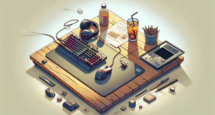 A desk with a gaming mouse, keyboard, and a drink