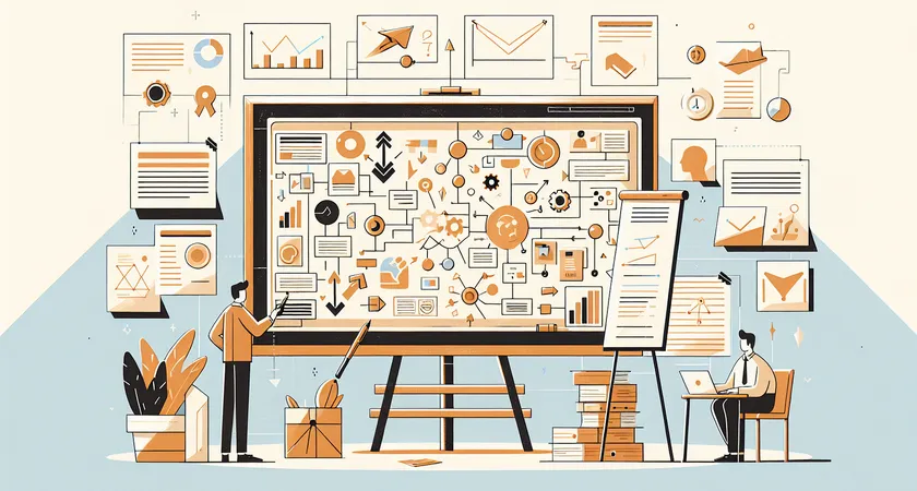 A whiteboard filled with diagrams and arrows