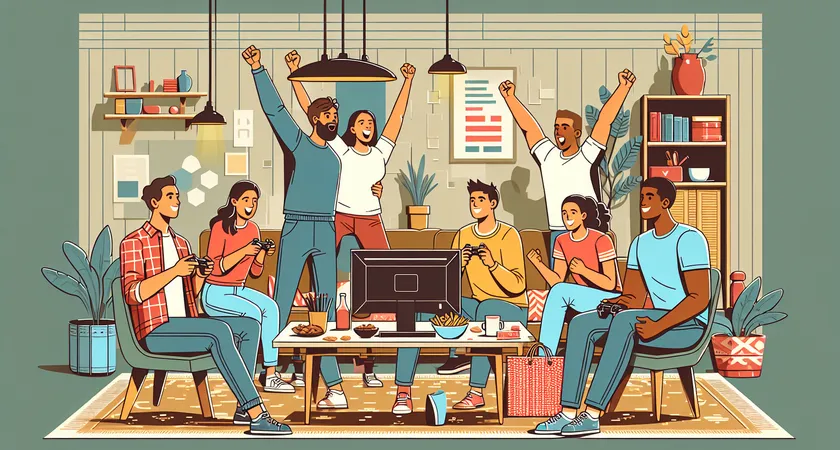 A group celebrating a gaming victory in a living room