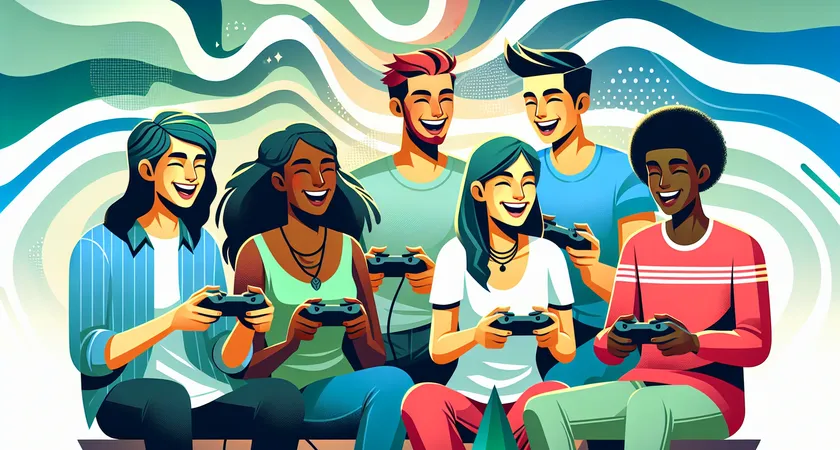 Five gamers gathered around screens, sharing a laugh