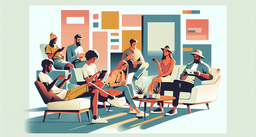 A relaxed lounge with friends focused on screens