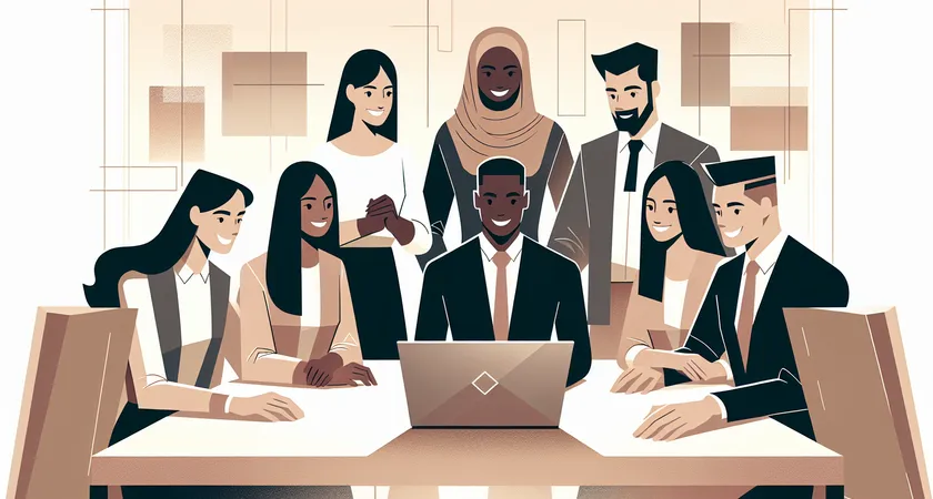 A group of people smiling around a table with a laptop