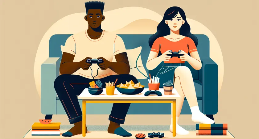 Two people sitting at a table with game controllers and snacks