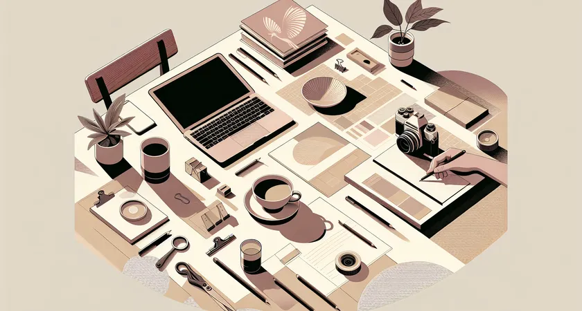 A table with tea mugs, notepads, and a laptop