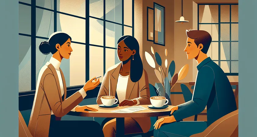A consultant chatting with clients over coffee in a cozy cafe