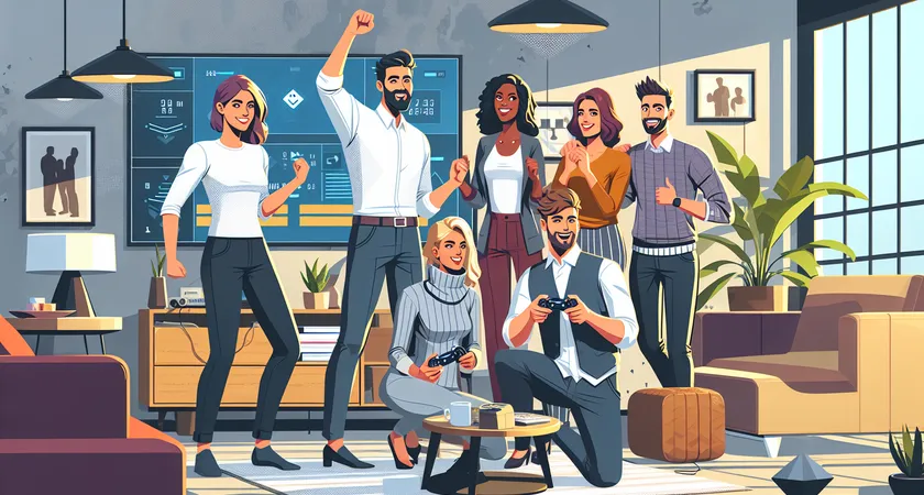 A group celebrating a video game win in a relaxed, modern living room