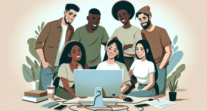 Five friends gathered around a computer screen