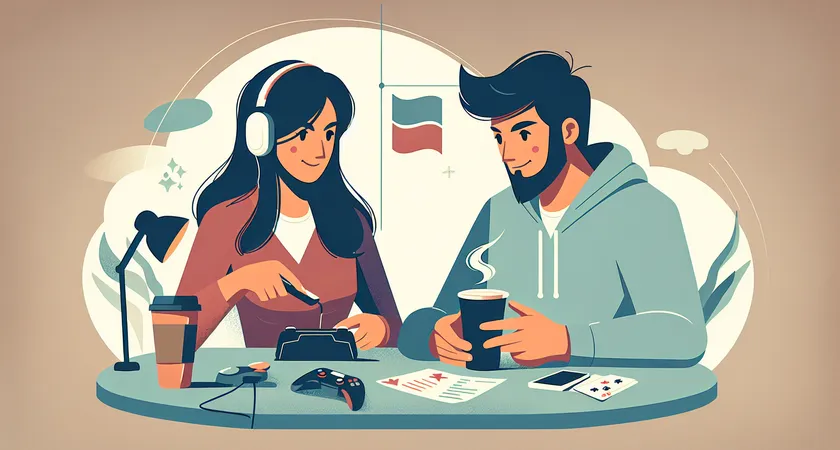 Two gamers discussing strategies over coffee