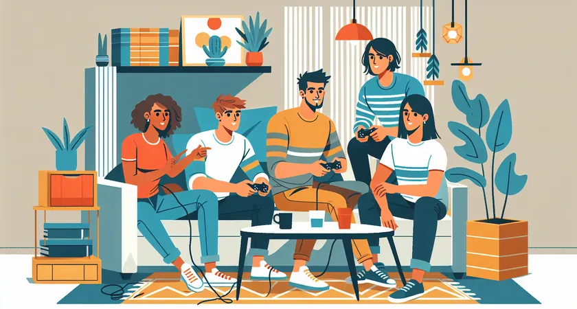 Five friends gathered in a living room, playing video games together