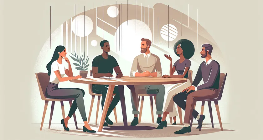 People talking together around a large wooden table