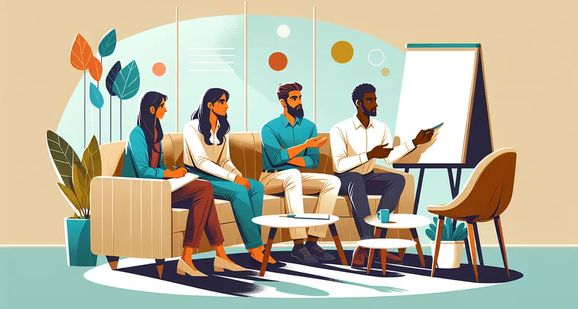 A group sitting on couches, discussing strategies in front of a whiteboard