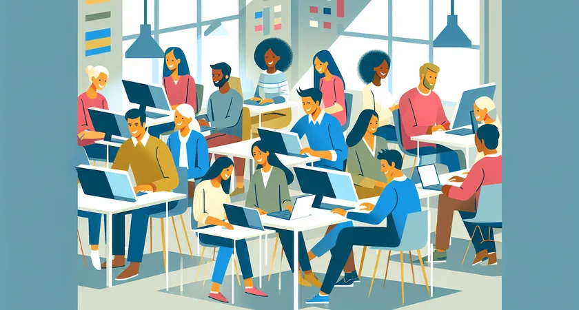 People laughing and playing on computers in a bright room