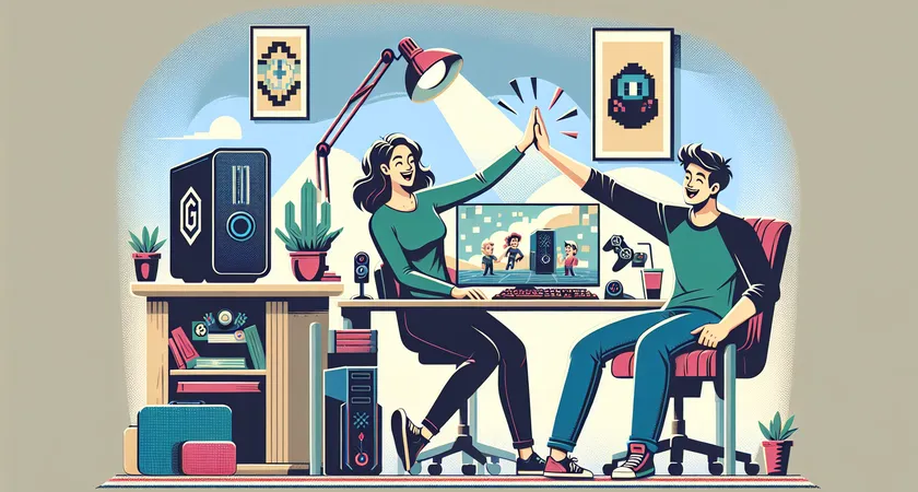 Two people high-fiving next to gaming computers