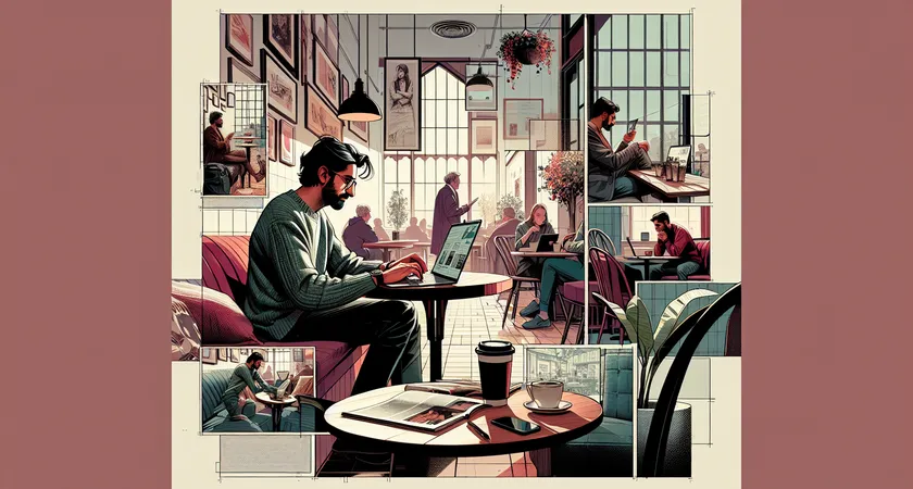 A person using a laptop in a cozy cafe