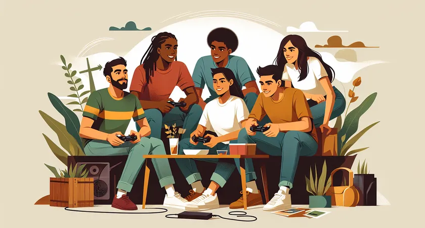Une équipe de cinq amis jouant à un jeu vidéo ensemble