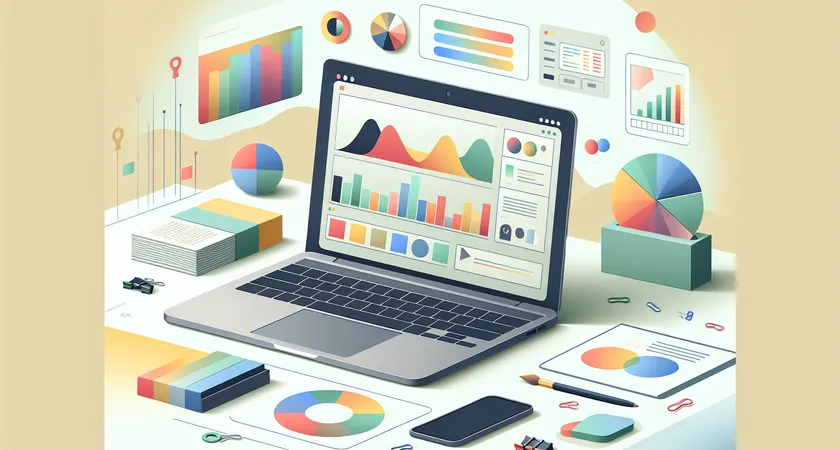 A laptop displaying colorful graphs