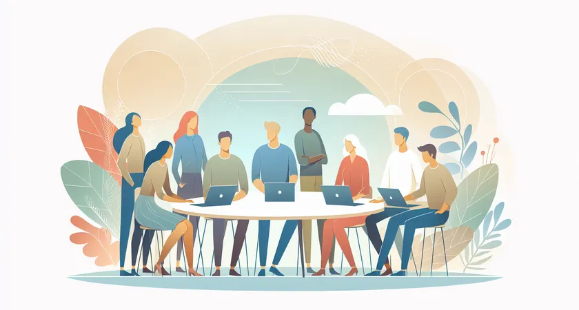 People gathered around a table with laptops