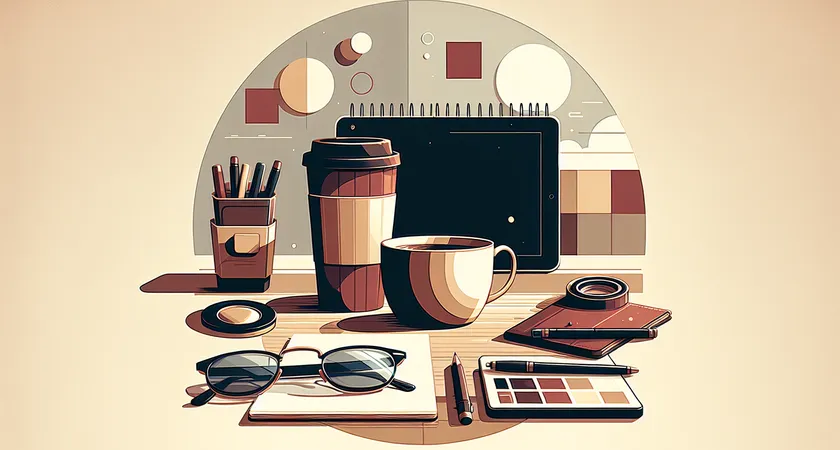 A coffee mug and notebook on a desk