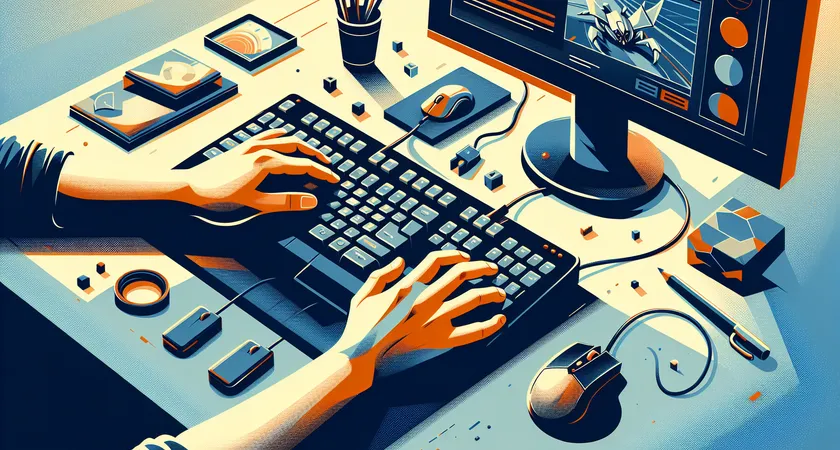 A close-up of hands on a computer keyboard and mouse, mid-game