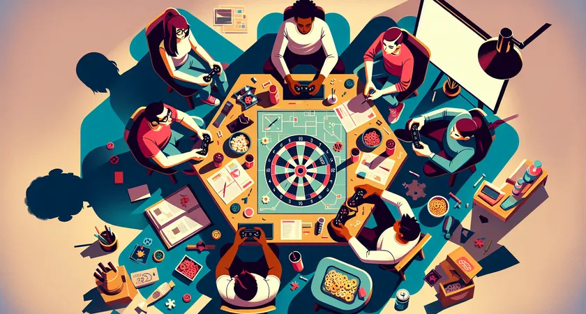 An overhead shot of a team huddled around a gaming setup, strategizing