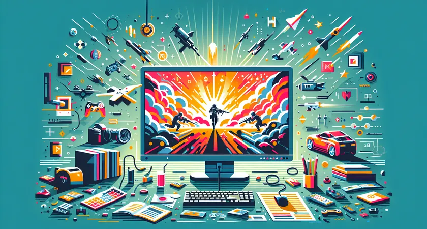 A bright computer screen with a colorful, intense game moment