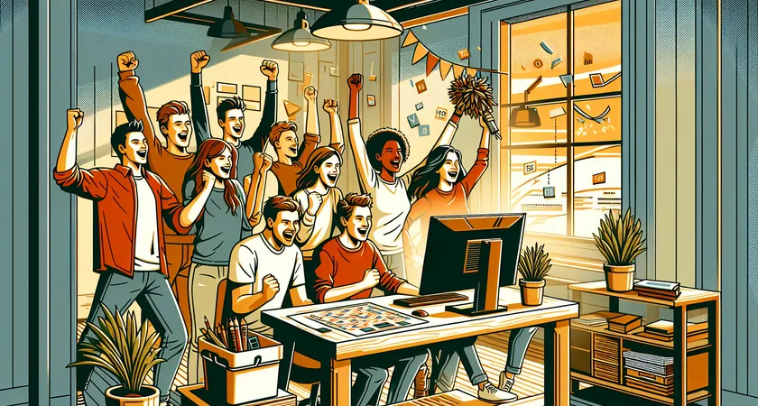 A group of friends cheering in front of computer monitors after a win