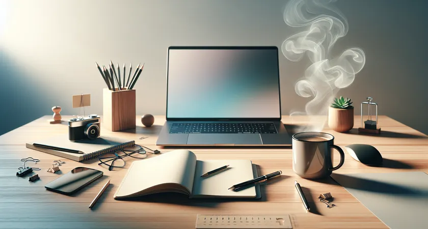 A notebook open on a desk next to a cup of coffee and a laptop