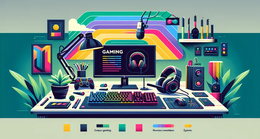 A gaming setup with colorful keyboards and headsets