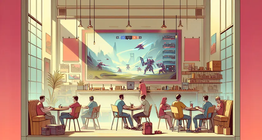 Lively gaming cafe with people watching a screen