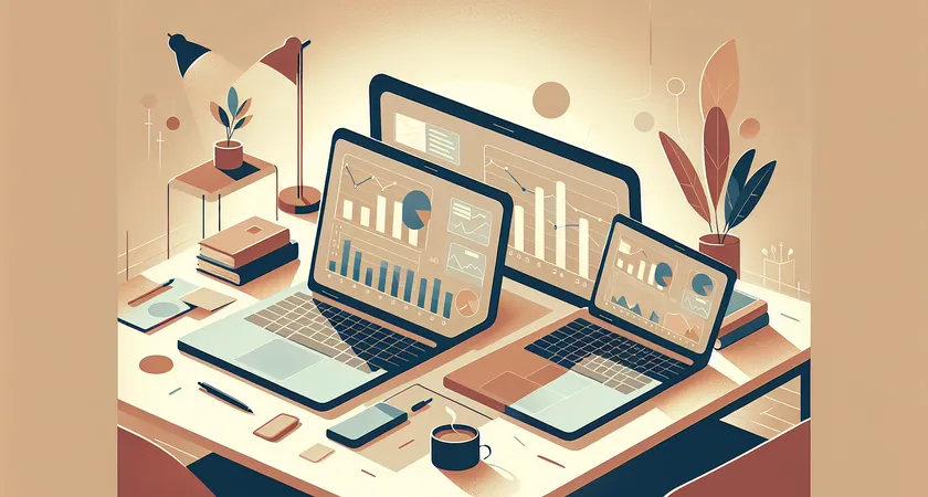 Two laptops with graphs and statistics on screens