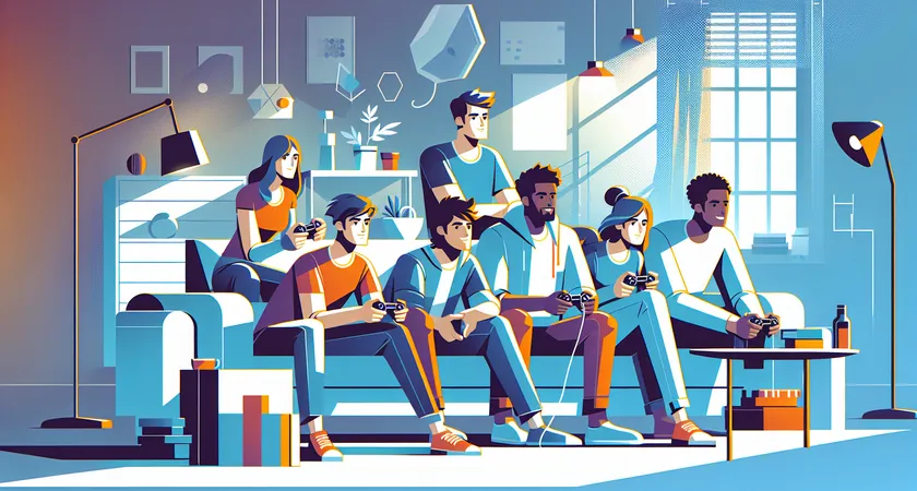 Five friends playing video games together on a sofa