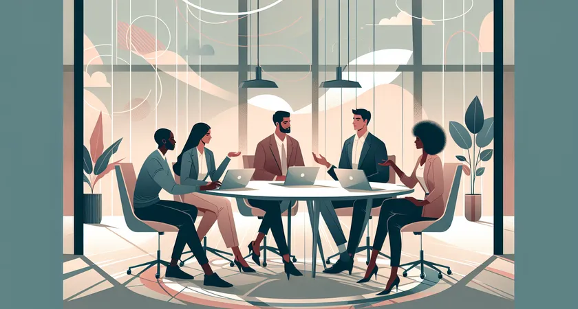 A team talking around a table with laptops