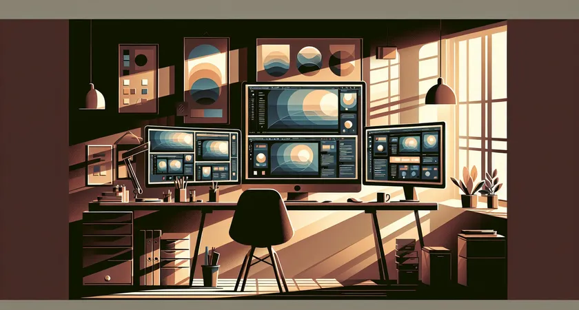 A computer setup with multiple monitors in a dimly-lit room