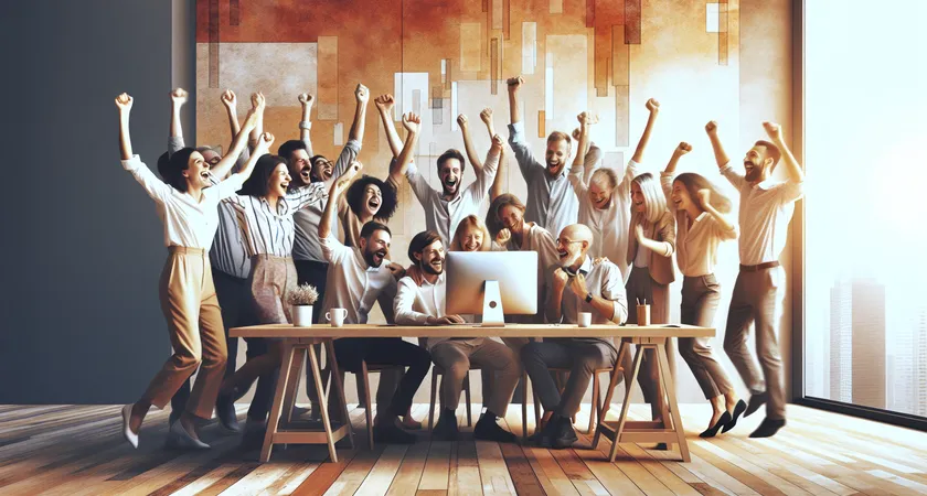 A group celebrating in front of a computer