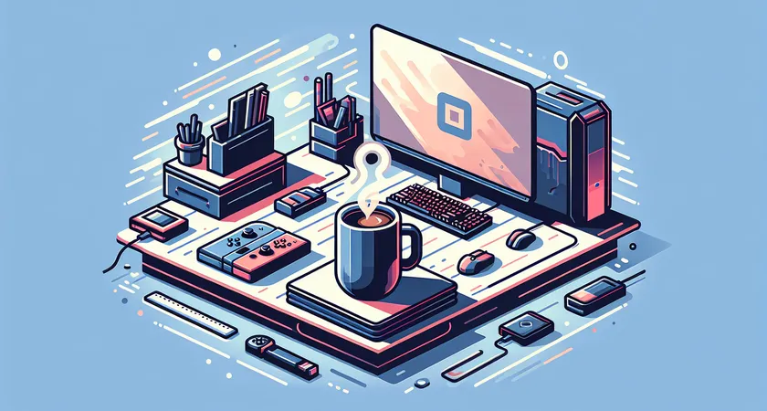 A stylish coffee mug on a desk with gaming peripherals