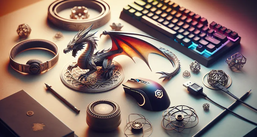 A glowing dragon toy next to a gaming mouse