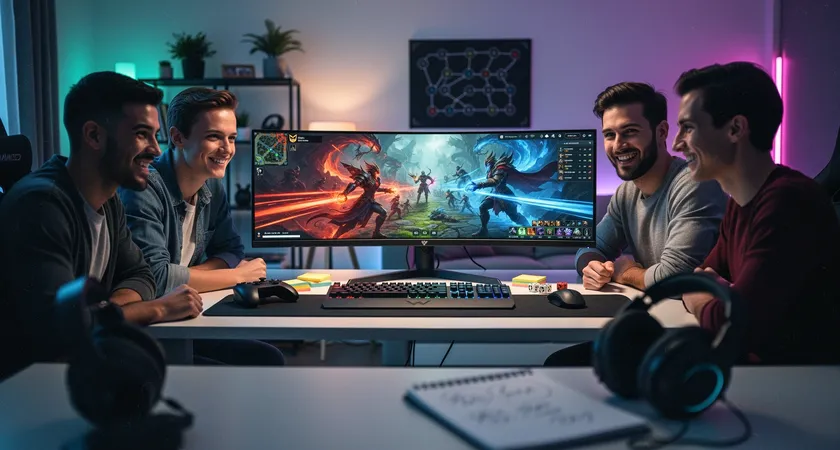 Five friends gathered around a computer desk, smiling and discussing strategy