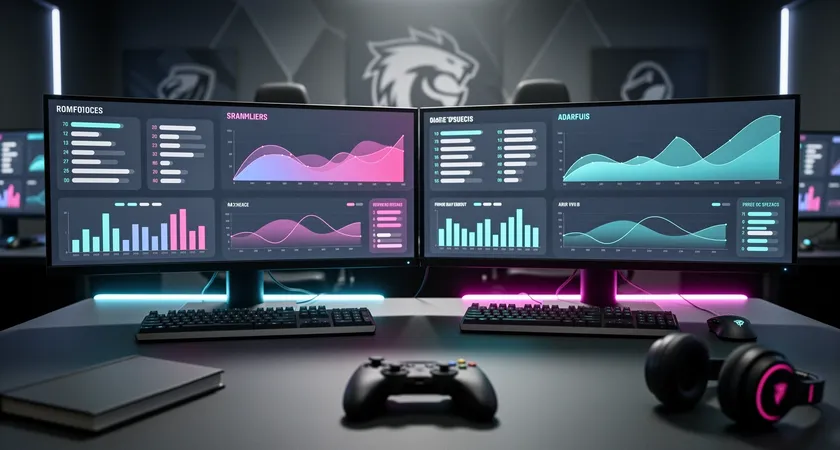 Two monitors side by side displaying game statistics