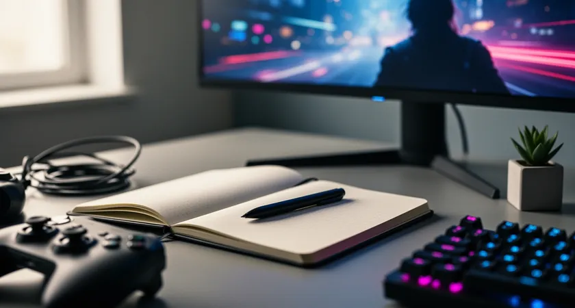 Overhead view of a team's command center setup, three monitors displaying different post-game stat screens, a physical notebook open to a hand-drawn timeline of a Baron play, soft blue LED lighting, coffee mugs and wired headsets on a dark wood desk